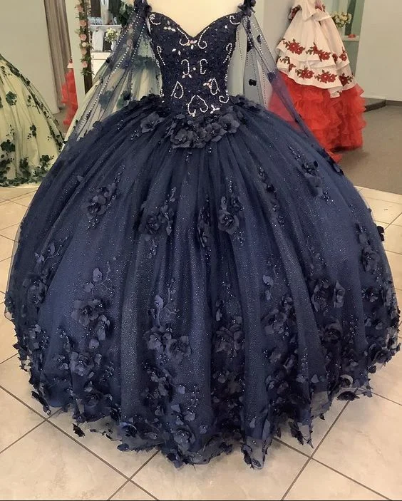 chic wrap dressWomen's Navy Blue Quinceanera Dresses Appliques Beaded Dresses 3D Flowers Ball Gown,Y2480