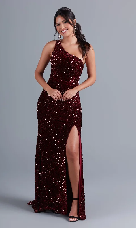 satin dressOne-Shoulder Long Velvet Prom Dress with Sequins