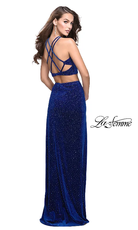 modern dressOpen-Back Two-Piece Beaded Velvet Prom Dress