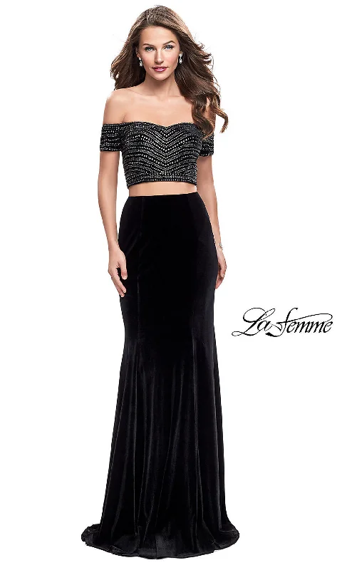 sleek dressLong Two-Piece Off-the-Shoulder Velvet La Femme Prom Dress