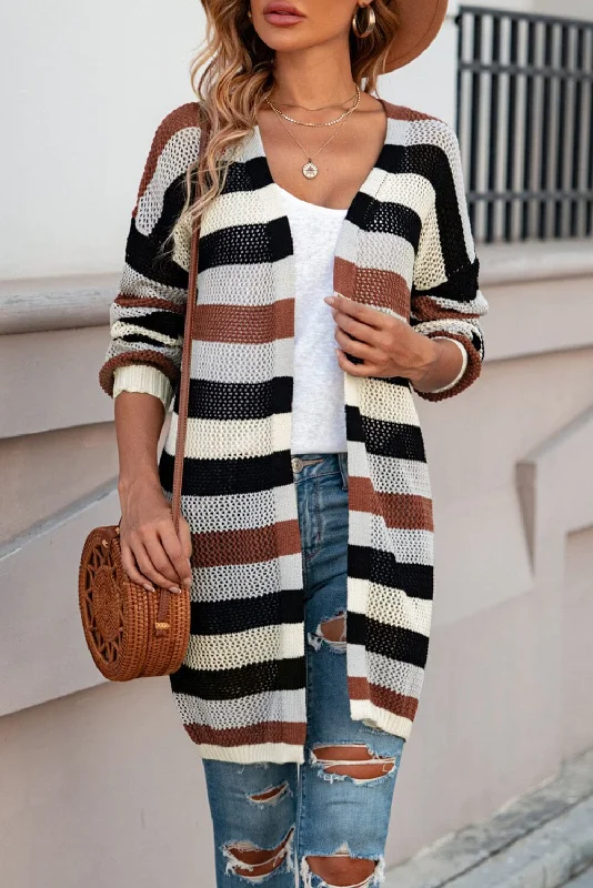 fashionable gym hoodieFull Size Striped Long Sleeve Openwork Cardigan