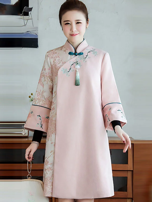 long coatPink Embroidered Women Cheongsam Tang Coat