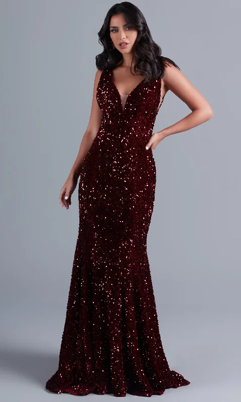 one-shoulder dressDeep V-Neck Dark Red Long Velvet-Sequin Prom Dress