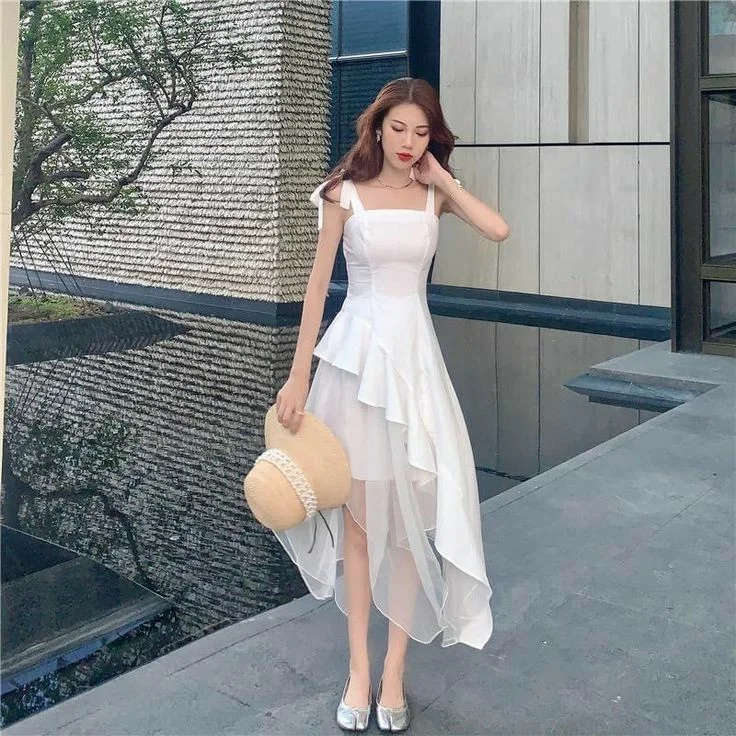 casual day dressWhite A-line Prom Dress with Irregular Hem,White Formal Gown,Y2541