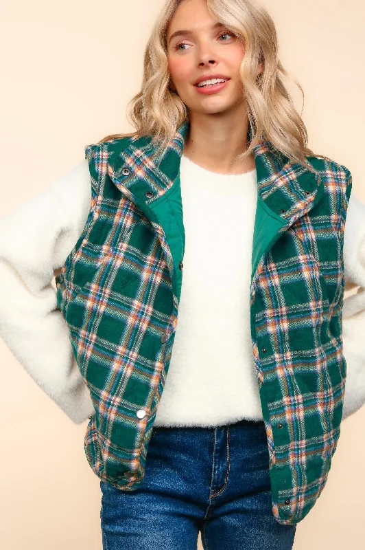 fashionable outerwearHigh Neck Snap Button Down Plaid Puffer Vest