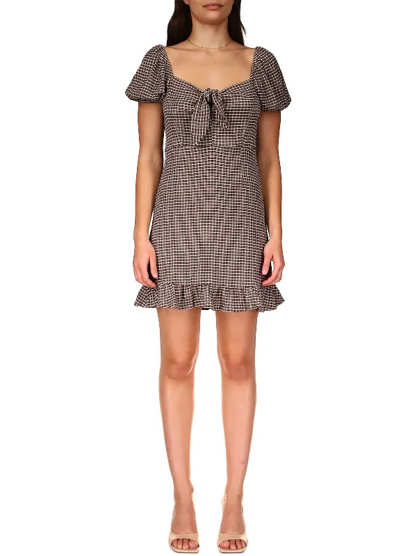 puff sleeve dressWomens Checkered Above Knee Midi Dress