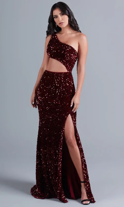 boho-chic dressDark Red Sequin Prom Dress with Side Cut-Out