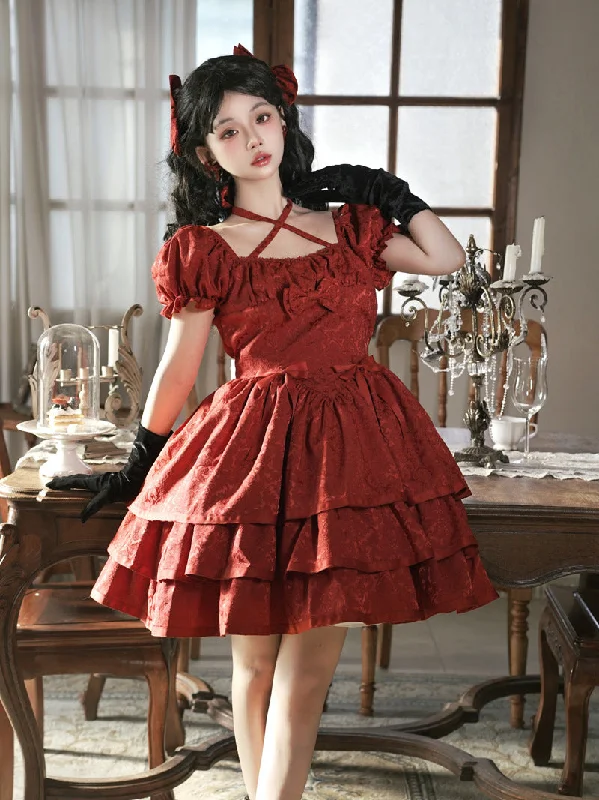 silk dressEieyom~Elegant Lolita Short Sleeve Red Dress