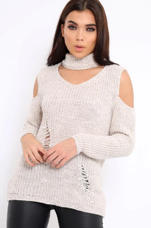 warm pullover sweatshirtBeige Distressed Pearl Chunky Knit Jumper - Narla