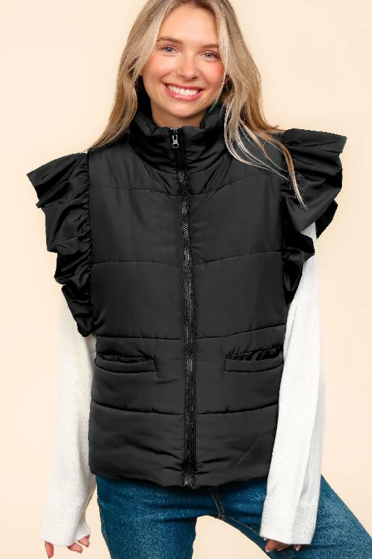 insulated trench coatBlack High Neck Zip Up Ruffle Sleeve Puffer Vest