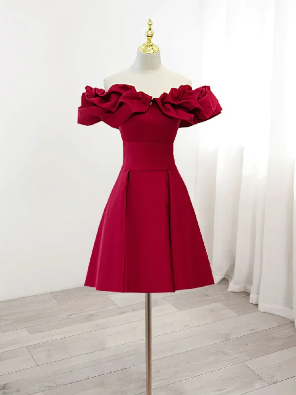 sophisticated dressBurgundy A-Line Off Shoulder Satin Homecoming Dress ,Y2506