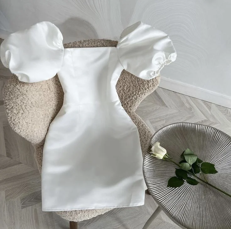 A-line dressWhite Square Neckline Homecoming Dress with Puff Sleeves,Y2534