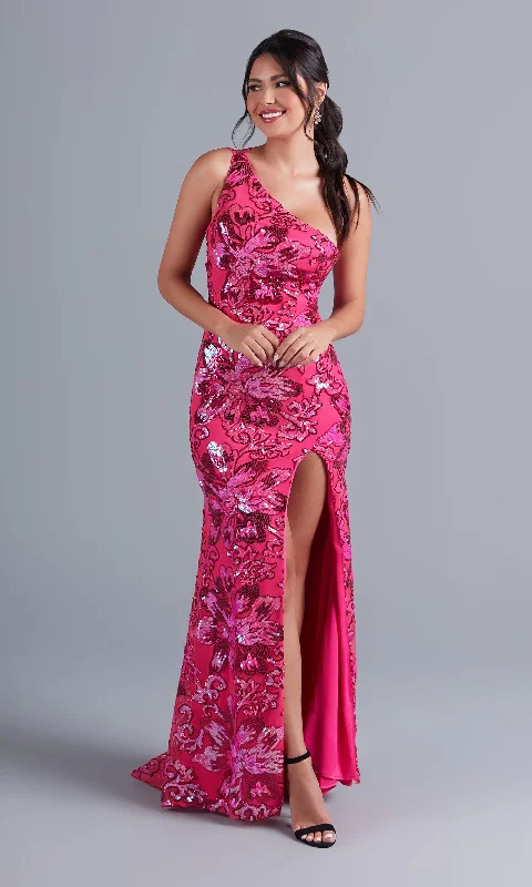 off-the-shoulder dressHot Pink One-Shoulder Sequin Long Formal Dress