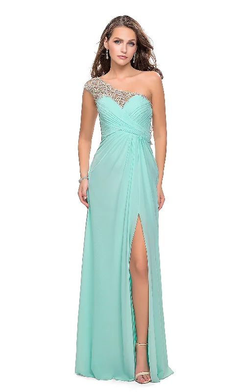 flowy evening dressOne-Shoulder Long La Femme Lace-Back Prom Dress