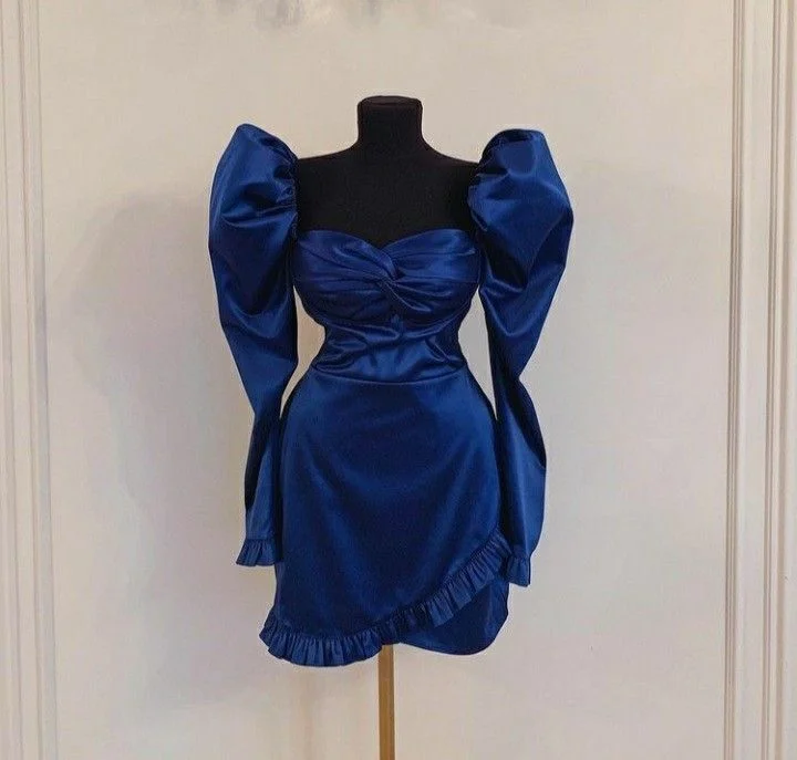 chic dressRetro Blue Homecoming Dress with Long Sleeves ,Y2538