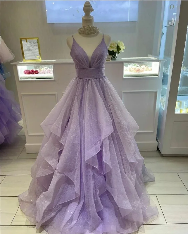 layered dressPurple A-line V Neck Ruffle Prom Dress,Glitter Purple Prom Gown,Y2461