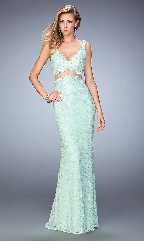 textured dressLace Midriff Cut Out Long La Femme Formal Gown