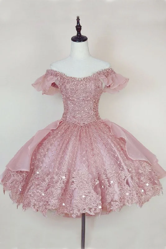 floral wrap dressPrincess Pink Lace Applique Short Homecoming Dress ,Y2502