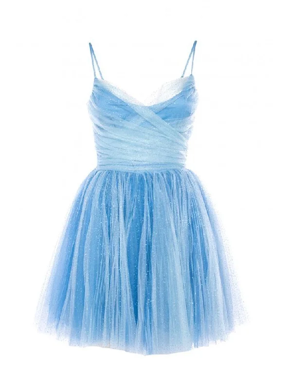 t-shirt dressCute Blue Spaghetti Straps Homecoming Dress,Blue Tulle Party Dress ,Y2528