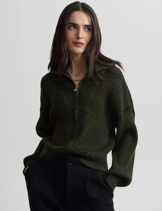 oversized sports sweatshirtCarmen Zip-Through Rib Knit - Dark Olive