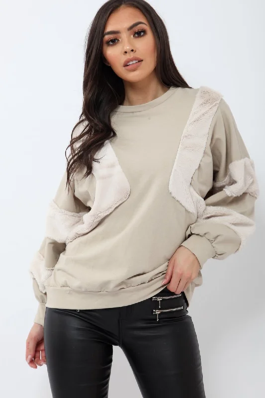 casual sweatshirtBeige Jumper with Fur on Front and Sleeves - Mercedes