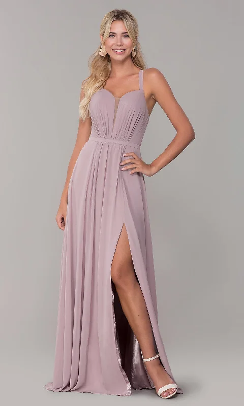 ruched dressLong Sleeveless Pleated-Bodice Chiffon Prom Dress